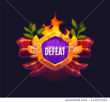 Defeat game icon or badge for fail or level not complete, vector GUI element. Defeat banner with cartoon faded laurel wreath and cracked stone in dirty ribbon for arcade video game popup UI interface Defeat game icon or badge for fail or level not complete, vector GUI element. Defeat banner with cartoon faded laurel wreath and cracked stone in dirty ribbon for arcade video game popup UI interface 123022481