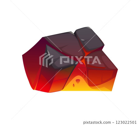 BBQ burn fiery ember cartoon charcoal one piece. Barbecue burnt fuel, BBQ grill burning charcoal isolated vector piece. Firewood fiery hot ember charcoal fireplace or bonfire ablaze red coal piece 123022501