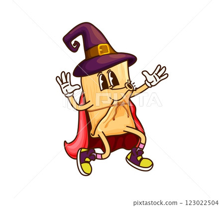 Cartoon groovy Mexican tamale as Halloween witch or wizard character, vector Tex Mex food. Groovy quesadilla with happy face and funny smile in sorcerer or wizard mage mantle for Halloween holiday Cartoon groovy Mexican tamale as Halloween witch or wizard character, vector Tex Mex food. Groovy quesadilla with happy face and funny smile in sorcerer or wizard mage mantle for Halloween holiday 123022504