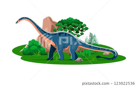 Shunosaurus prehistoric dinosaur cartoon character. Isolated vector ancient herbivore sauropod reptile animal in natural environment with rock, tree and plants. Mid Jurassic paleontology era lizard 123022536