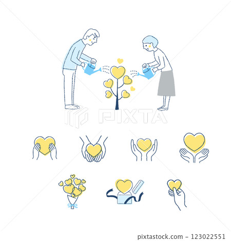 Set of men and women watering a heart tree and heart icons 123022551