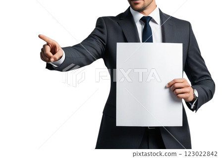 Photo of a businessman wearing grey suit pointing at blank paper  on transparency background PNG  123022842