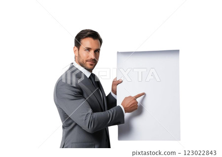 Photo of a businessman wearing grey suit pointing at blank paper  on transparency background PNG  123022843