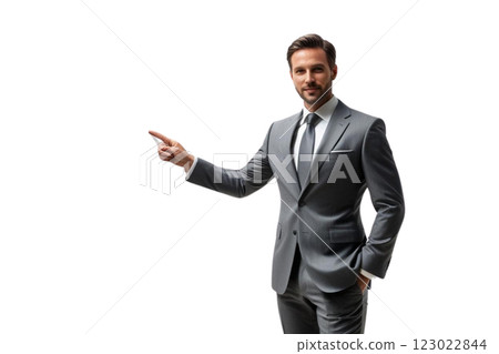 Photo of a businessman wearing grey suit pointing at blank paper  on transparency background PNG  123022844