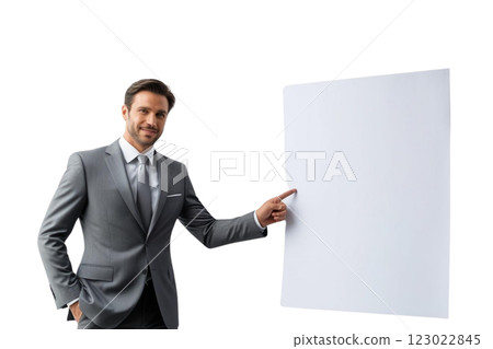 Photo of a businessman wearing grey suit pointing at blank paper  on transparency background PNG  123022845