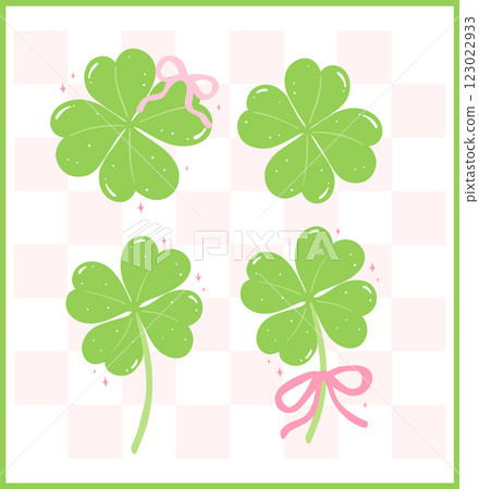 Coquette St Patricks Day 4 Leaf Clover with Ribbon Bow Retro Girly Whimsical Hand Drawn Set 123022933