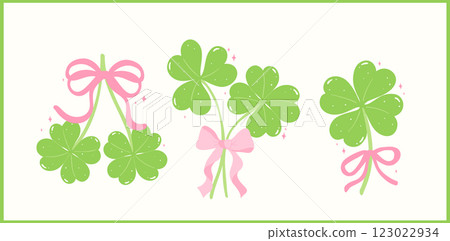 Coquette St Patricks Day 4 Leaf Clover with Ribbon Bow Retro Whimsical Hand Drawn Set 123022934