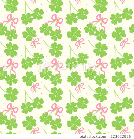 Seamless Pattern Coquette St Patricks Day 4 Leaf Clover with Ribbon Bow Isolated on Background 123022936