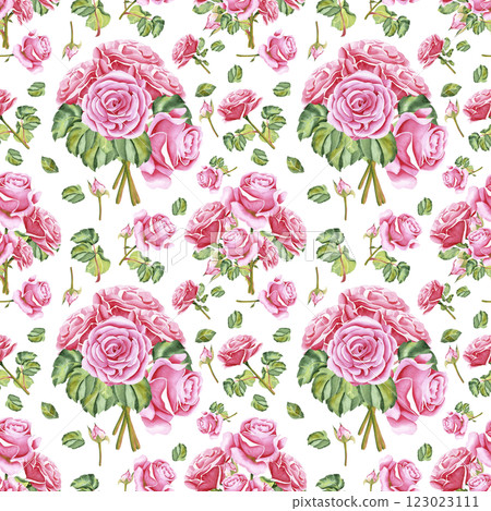 Watercolor roses. Seamless pattern of rose flowers, stems, leaves and buds. The drawing is made in watercolor technique by hand on an isolated background. Illustration for your design Watercolor roses. Seamless pattern of rose flowers, stems, leaves and buds. The drawing is made in watercolor technique by hand on an isolated background. Illustration for your design 123023111