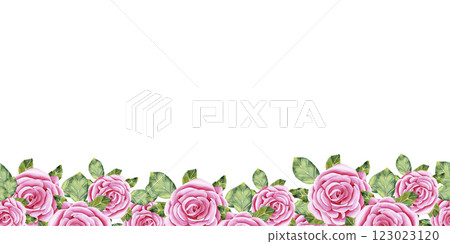 Watercolor roses. Seamless border of rose flowers, stems, leaves and buds. The drawing is done in watercolor technique by hand on an isolated background. Illustration for your design Watercolor roses. Seamless border of rose flowers, stems, leaves and buds. The drawing is done in watercolor technique by hand on an isolated background. Illustration for your design 123023120