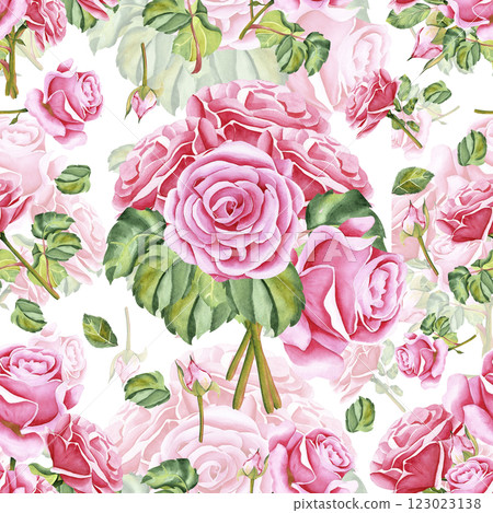 Watercolor roses. Seamless pattern of rose flowers, stems, leaves and buds. The drawing is made in watercolor technique by hand on an isolated background. Illustration for your design Watercolor roses. Seamless pattern of rose flowers, stems, leaves and buds. The drawing is made in watercolor technique by hand on an isolated background. Illustration for your design 123023138