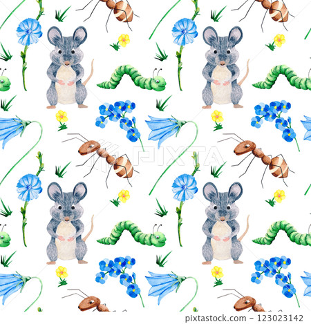 Seamless pattern of mouse, caterpillar and ant character. Plants and flowers pattern. Hand drawn watercolor illustration of animals and insects for your design Seamless pattern of mouse, caterpillar and ant character. Plants and flowers pattern. Hand drawn watercolor illustration of animals and insects for your design 123023142