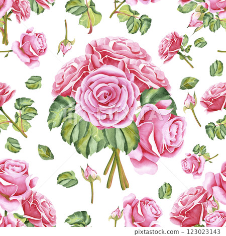 Watercolor roses. Seamless pattern of rose flowers, stems, leaves and buds. The drawing is made in watercolor technique by hand on an isolated background. Illustration for your design Watercolor roses. Seamless pattern of rose flowers, stems, leaves and buds. The drawing is made in watercolor technique by hand on an isolated background. Illustration for your design 123023143