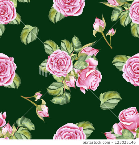 Watercolor roses. Seamless pattern of rose flowers, stems, leaves and buds. The drawing is done in watercolor technique by hand on a colored background. Illustration for your design 123023146