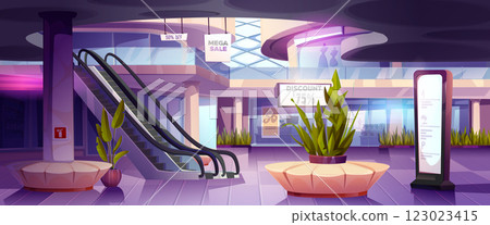 Mall entrance hall with modern escalator Mall entrance hall with modern escalator 123023415