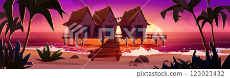 Tropical beach huts panorama 123023432
