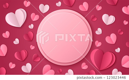 Paper hearts and round frame on red background 123023446