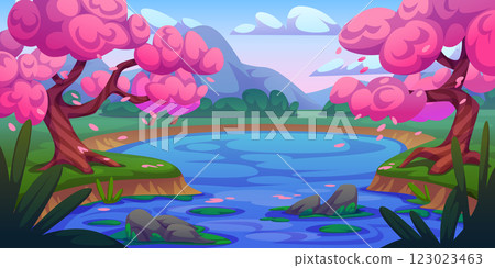 Japanese pond landscape with blooming sakura trees Japanese pond landscape with blooming sakura trees 123023463