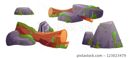 Swamp environment set with moss stones and logs Swamp environment set with moss stones and logs 123023479