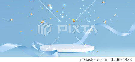 3D white podium with blue ribbons and confetti 123023488
