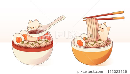 Cute kitten characters with ramen elements 123023516