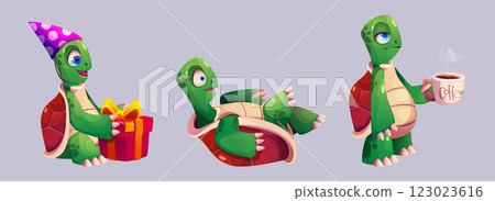 Cute cartoon turtle set in different poses 123023616