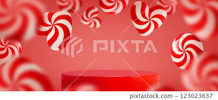 3D candy display with red podium and lollipops 3D candy display with red podium and lollipops 123023637