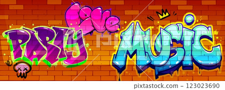 Graffiti cartoon words painted on red brick wall Graffiti cartoon words painted on red brick wall 123023690