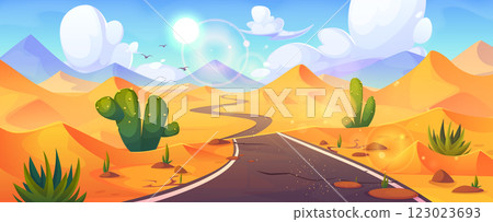 Desert asphalt road winding through sandy dunes Desert asphalt road winding through sandy dunes 123023693