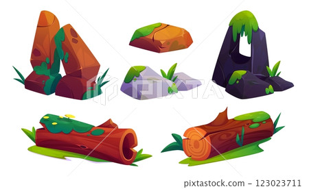 Mossy rocks and fallen logs collection 123023711