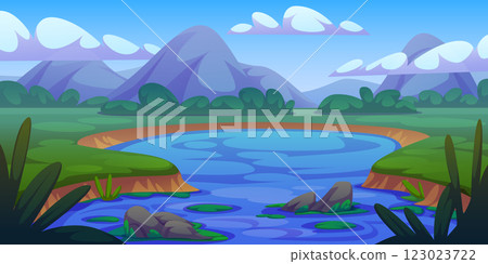 Scenic pond landscape with mountain 123023722