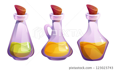 Oil bottle set with colorful liquid substances Oil bottle set with colorful liquid substances 123023743