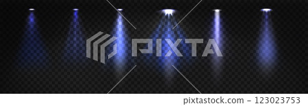 Blue spotlight beams set on transparent background 123023753