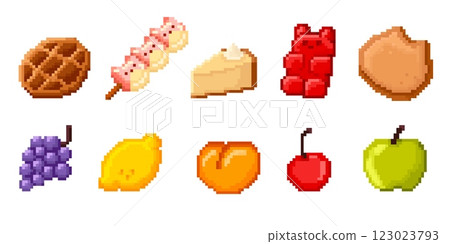 Pixel sweets and fruit icons set isolated on white 123023793