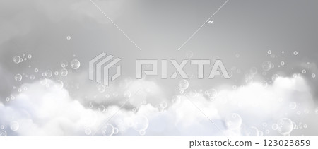 Foam bubbles floating on white suds 123023859