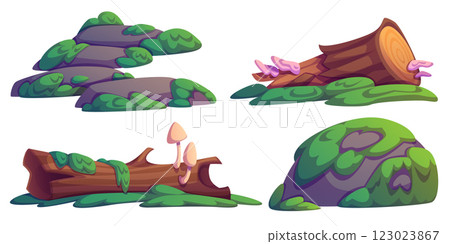 Swamp environment set with mossy logs and stones Swamp environment set with mossy logs and stones 123023867