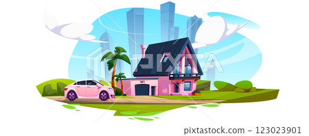 Modern pink house with garage and parked car 123023901