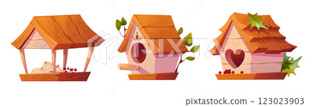 Cartoon birdhouse and feeder set 123023903