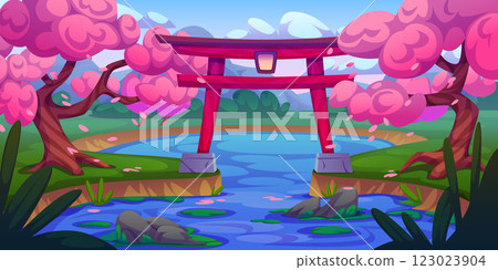 Japanese pond landscape with red torii gate 123023904