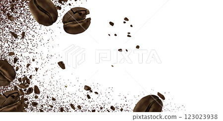 Coffee beans with powder border on white backdrop Coffee beans with powder border on white backdrop 123023938