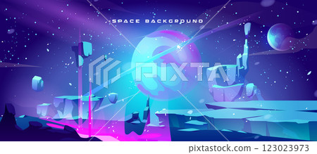 Space landscape panorama with neon cosmic scenery Space landscape panorama with neon cosmic scenery 123023973