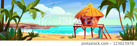 Surfer hut on sandy beach 123023978