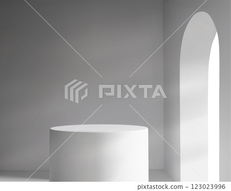 White podium interior with minimalist arch doorway 123023996