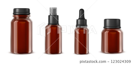 Amber glass or plastic bottles in different sizes 123024309