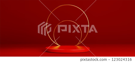 Luxury display with red platform and golden circle 123024316