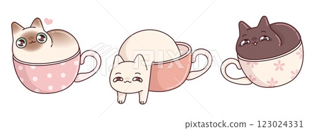 Kawaii cats in cups set isolated on white 123024331