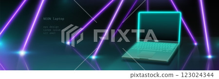 Neon laptop and laser beams on black background 123024344