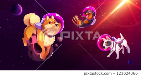 Cartoon dogs floating in colorful cosmic scene 123024360
