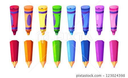 Colorful stationery set with crayons and pencils Colorful stationery set with crayons and pencils 123024398