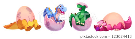 Cute dinosaur reptiles hatching from eggs Cute dinosaur reptiles hatching from eggs 123024413